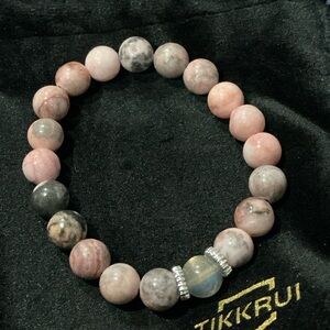Pink and Gray Natural Stone Bead Stretch Bracelet